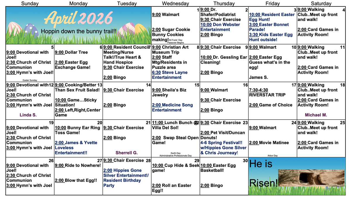 Community Calendar April 2026 Activities Calendar at Eagle Crest Villa